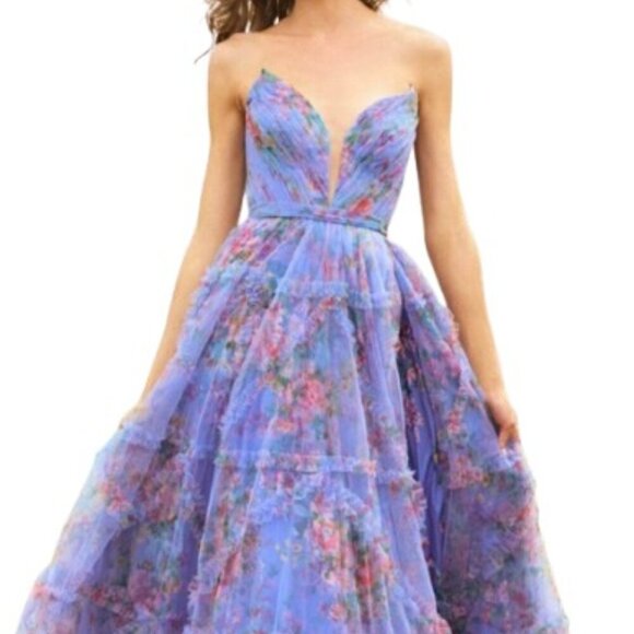 NWT Sherri Hill 55620 Tulle Prom Dress Periwinkle Print Size 8 - Picture 1 of 6